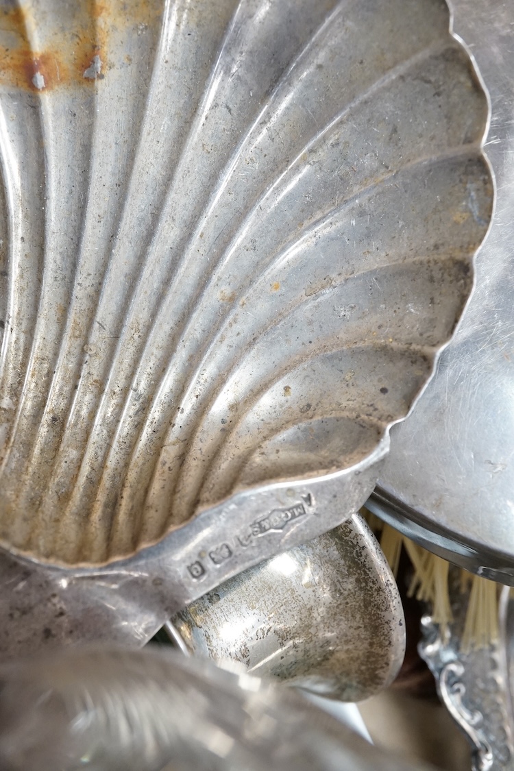 A quantity of assorted silver collectables and other items including a Victorian pieced silver dish by William Comyns & Sons, Ltd, London, 1896, 19.7cm, a silver mounted glass decanter and stopper, same maker, London, 18